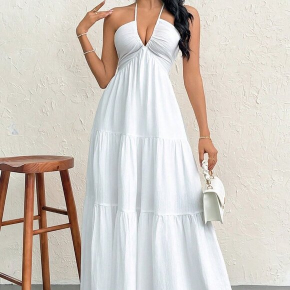 White Sexy Women's Crepe Halter Neck Tie Backless Maxi Dress - Picture 5 of 6